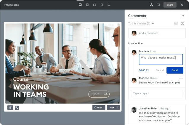 כלי לשיתוף ולמשוב - אסוף משוב ושתף תוכן הכל בענן iSpring ( בגרסת iSpring suite Max בלבד ) .